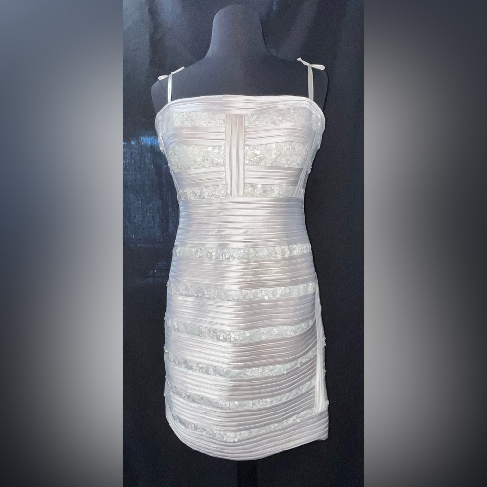 BCBGMaxAzria Rebecca Strapless Sequin Dress in color Whisper